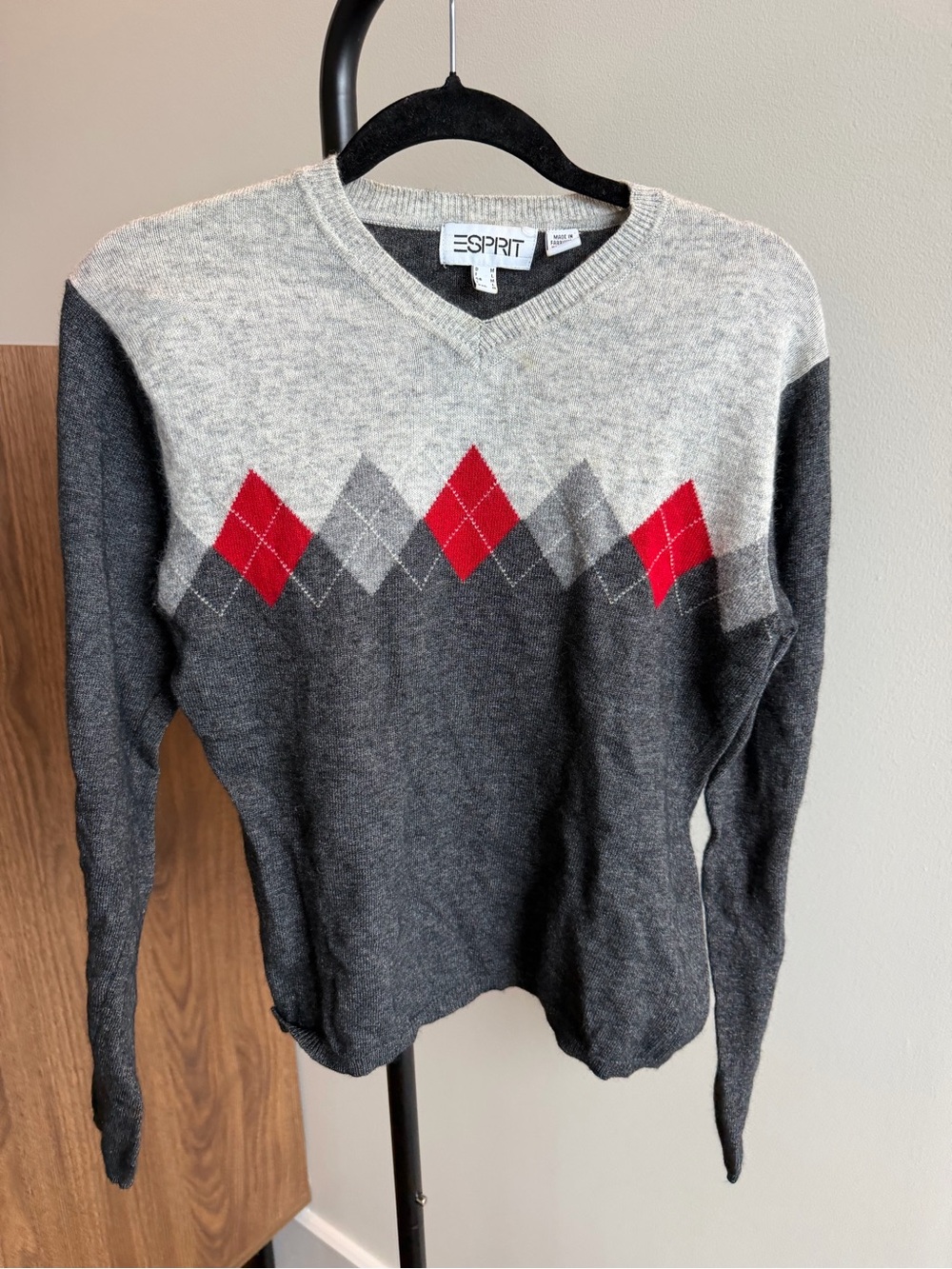 Vintage Y2K Esprit Argyle V-Neck Sweater Size M Red Grey Cashmere Wool mix